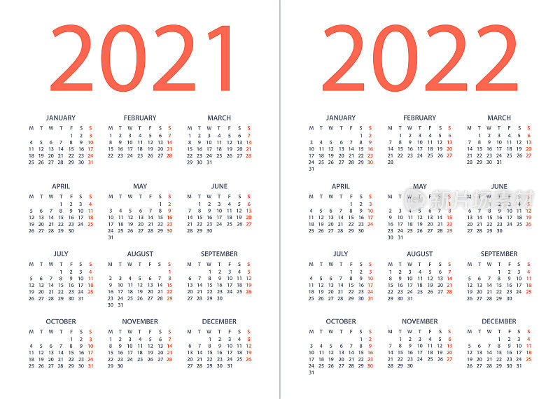 日历2021 2022 -矢量插图。一周从周一开始